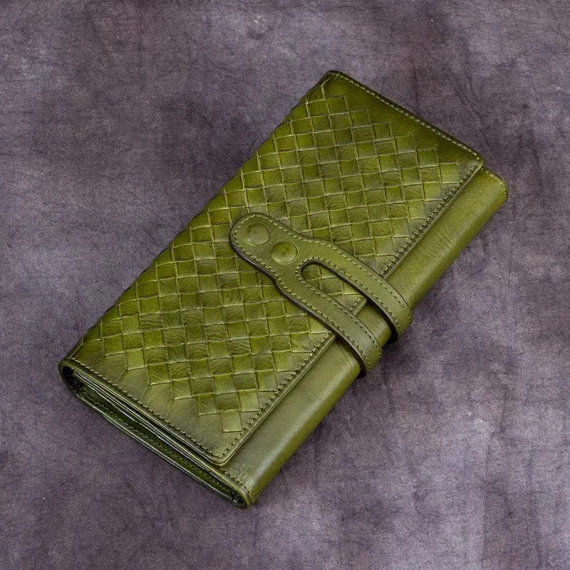 Grey Womens Braided Leather Long Wallet Phone Brown Long Bifold Clutch Purse for Ladies
