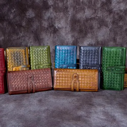 Grey Womens Braided Leather Long Wallet Phone Brown Long Bifold Clutch Purse for Ladies