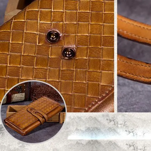 Grey Womens Braided Leather Long Wallet Phone Brown Long Bifold Clutch Purse for Ladies