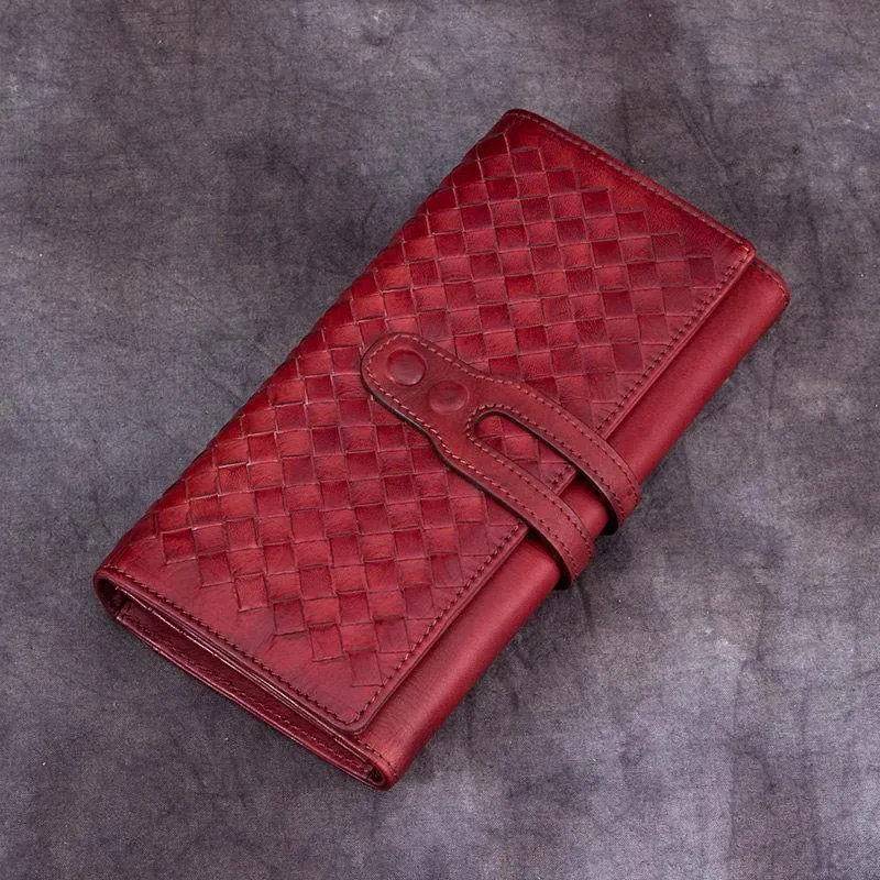 Grey Womens Braided Leather Long Wallet Phone Brown Long Bifold Clutch Purse for Ladies