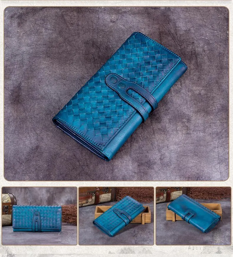 Grey Womens Braided Leather Long Wallet Phone Brown Long Bifold Clutch Purse for Ladies