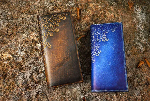 Handcraft vintage distress floral leather hand dyed long wallet for women girl lady