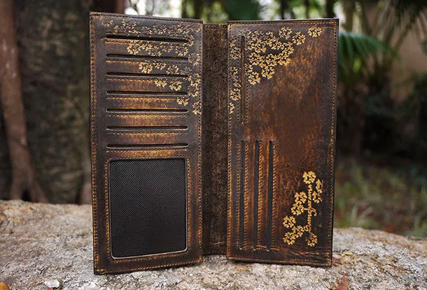 Handcraft vintage distress floral leather hand dyed long wallet for women girl lady