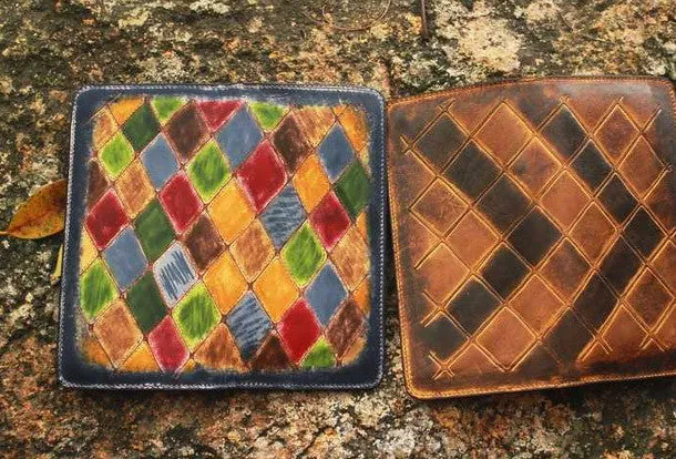 Handcraft vintage distress mosaic leather hand dyed long wallet for women/men