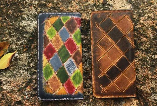 Handcraft vintage distress mosaic leather hand dyed long wallet for women/men