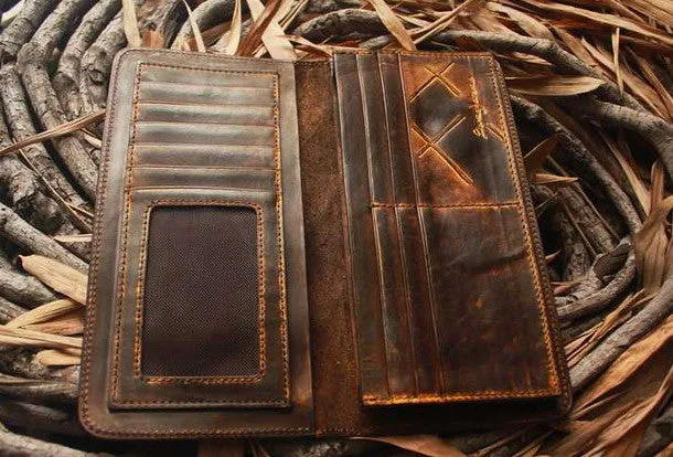 Handcraft vintage distress mosaic leather hand dyed long wallet for women/men