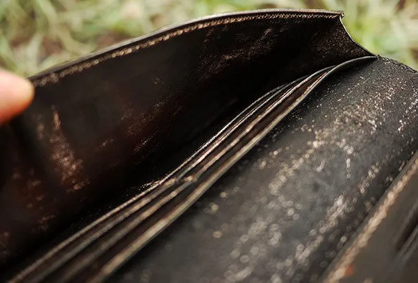 Handcraft vintage distress natural leather hand dyed long wallet for women