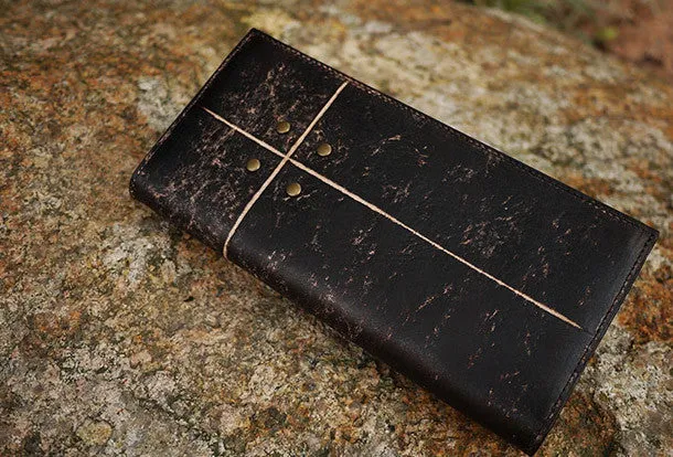 Handcraft vintage distress natural leather hand dyed long wallet for women