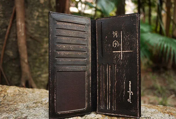 Handcraft vintage distress natural leather hand dyed long wallet for women