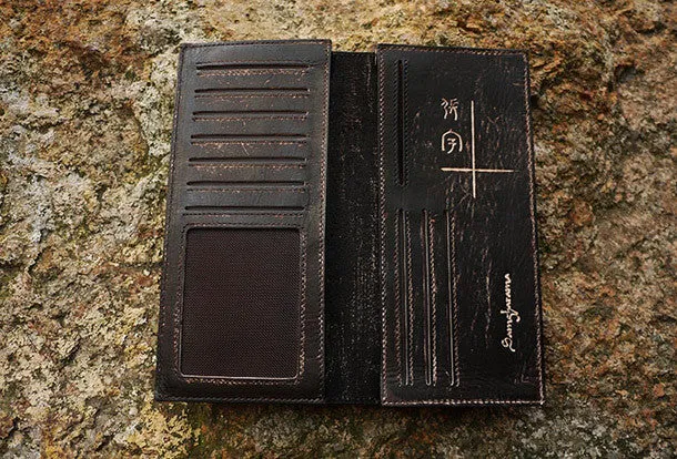 Handcraft vintage distress natural leather hand dyed long wallet for women