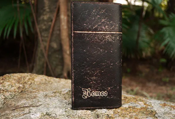 Handcraft vintage distress natural leather hand dyed long wallet for women