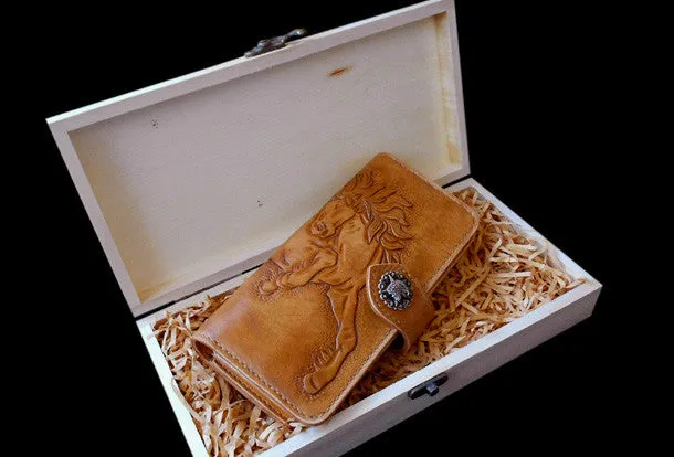 Handcraft vintage hand painting galloping horse leather long wallet for men(trifold)
