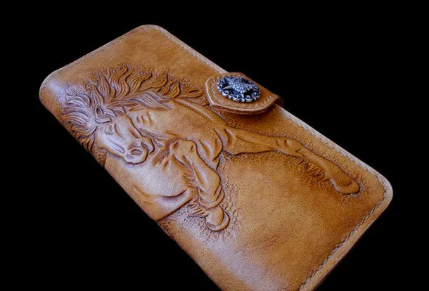 Handcraft vintage hand painting galloping horse leather long wallet for men(trifold)