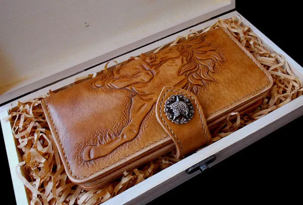 Handcraft vintage hand painting galloping horse leather long wallet for men(trifold)