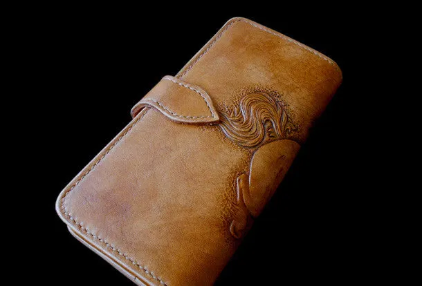 Handcraft vintage hand painting galloping horse leather long wallet for men(trifold)