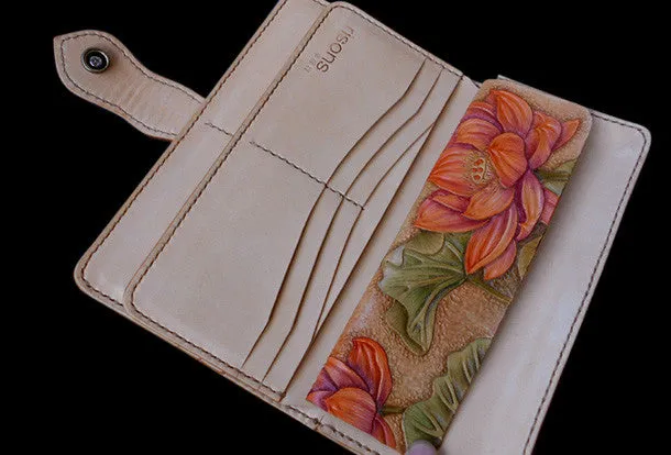 Handcraft vintage hand painting lotus flower leather long wallet for women