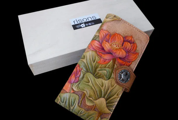 Handcraft vintage hand painting lotus flower leather long wallet for women
