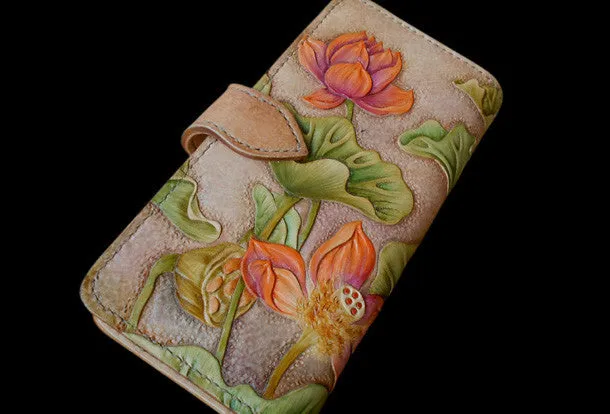 Handcraft vintage hand painting lotus flower leather long wallet for women