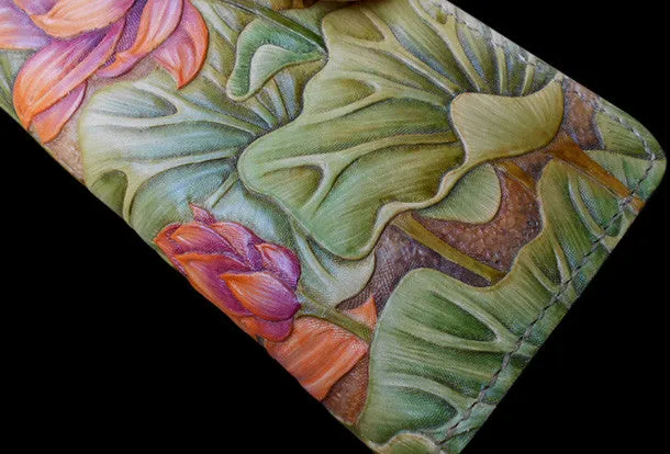Handcraft vintage hand painting lotus flower leather long wallet for women