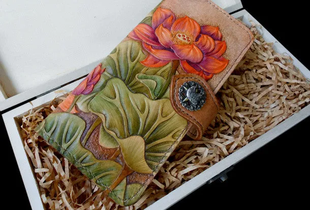 Handcraft vintage hand painting lotus flower leather long wallet for women