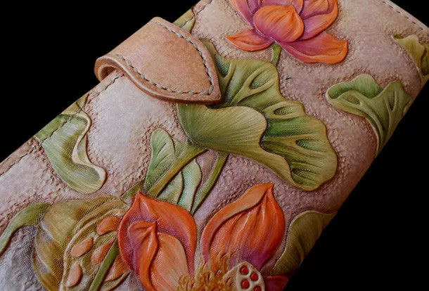 Handcraft vintage hand painting lotus flower leather long wallet for women