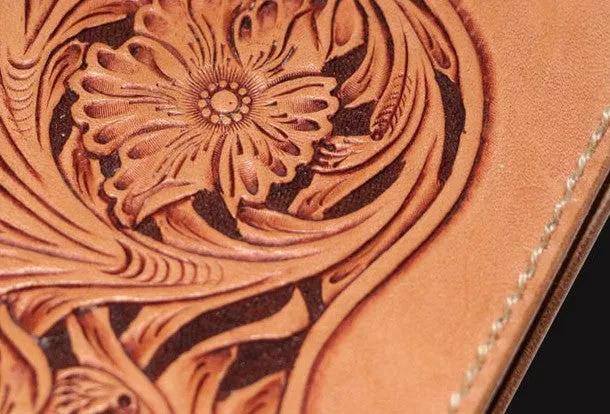 Handmade beige leather floral carved biker wallet Long wallet clutch for men