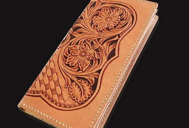 Handmade beige leather floral carved biker wallet Long wallet clutch for men