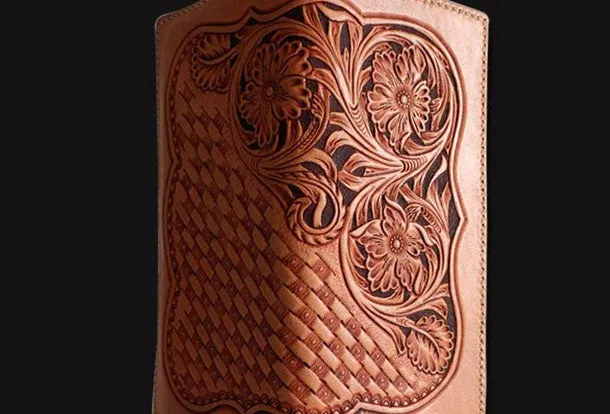 Handmade beige leather floral carved biker wallet Long wallet clutch for men