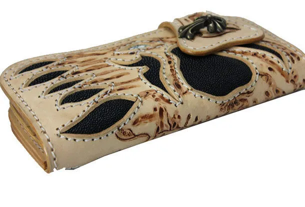 Handmade beige leather punk skull carved biker wallet Long wallet clutch for men