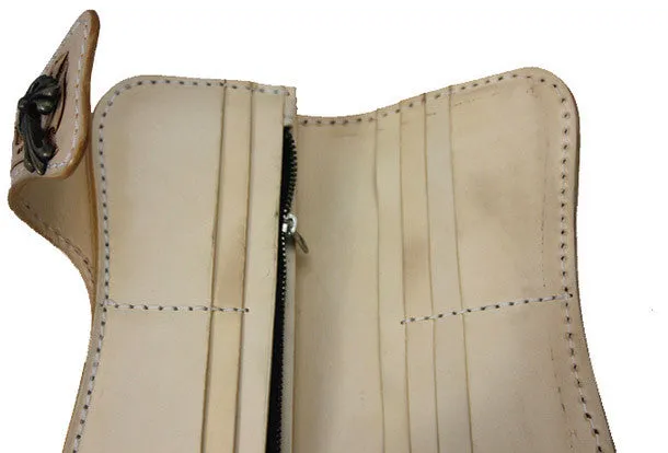 Handmade beige leather punk skull carved biker wallet Long wallet clutch for men