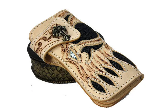 Handmade beige leather punk skull carved biker wallet Long wallet clutch for men
