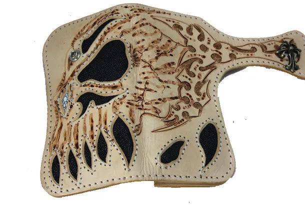 Handmade beige leather punk skull carved biker wallet Long wallet clutch for men