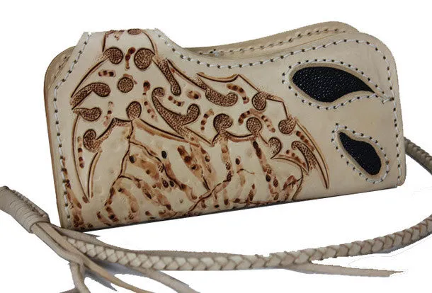 Handmade beige leather punk skull carved biker wallet Long wallet clutch for men
