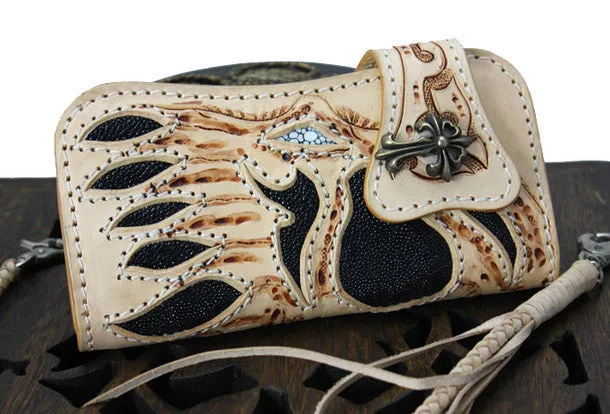 Handmade beige leather punk skull carved biker wallet Long wallet clutch for men