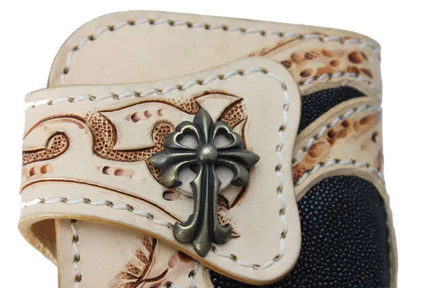 Handmade beige leather punk skull carved biker wallet Long wallet clutch for men