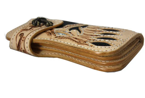 Handmade beige leather punk skull carved biker wallet Long wallet clutch for men