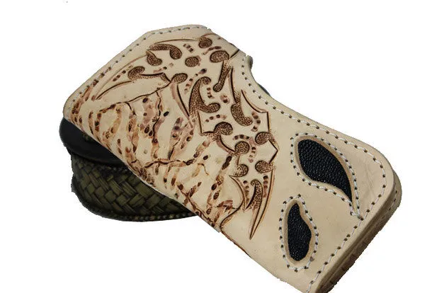 Handmade beige leather punk skull carved biker wallet Long wallet clutch for men