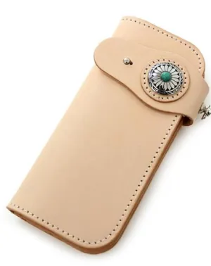 Handmade Beige Long Biker Wallets with Chain Cool Mens Leather Biker Chain Wallet