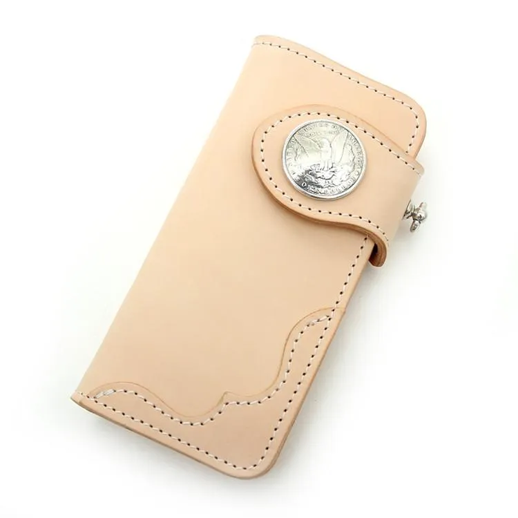 Handmade Beige Long Biker Wallets with Chain Cool Mens Leather Biker Chain Wallet