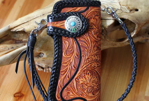 Handmade biker chain wallet tooled floral biker wallet leather Long wallet for men