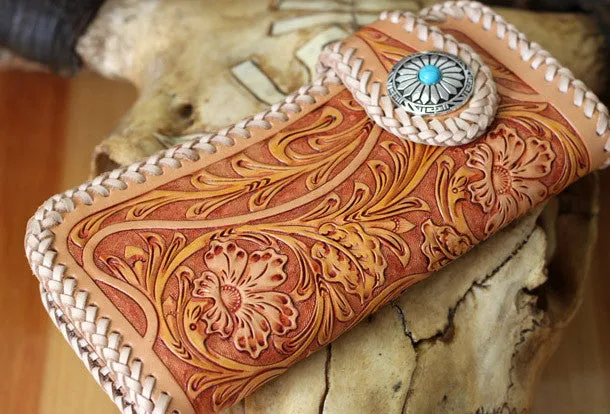 Handmade biker chain wallet tooled floral biker wallet leather Long wallet for men