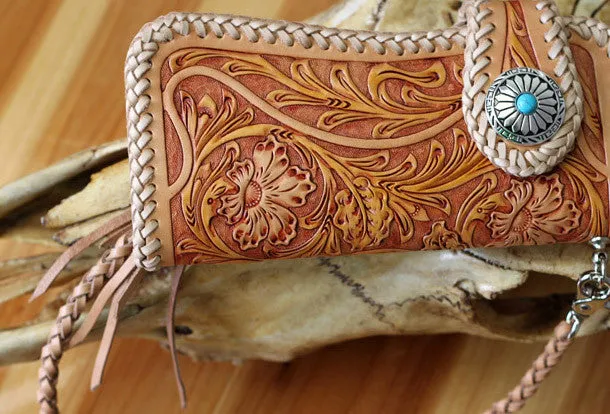Handmade biker chain wallet tooled floral biker wallet leather Long wallet for men