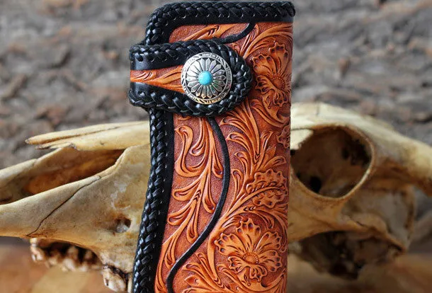 Handmade biker chain wallet tooled floral biker wallet leather Long wallet for men
