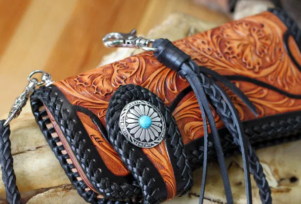 Handmade biker chain wallet tooled floral biker wallet leather Long wallet for men