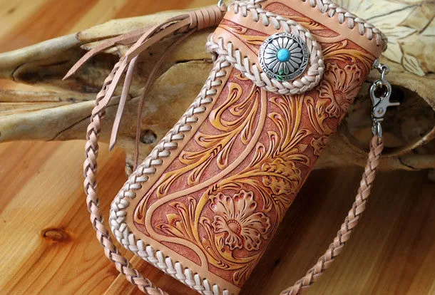 Handmade biker chain wallet tooled floral biker wallet leather Long wallet for men
