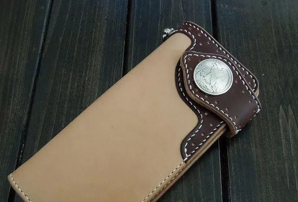 Handmade biker wallet beige coffee leather biker wallet chain bifold Long wallet for men