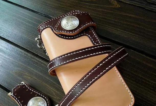 Handmade biker wallet beige coffee leather biker wallet chain bifold Long wallet for men