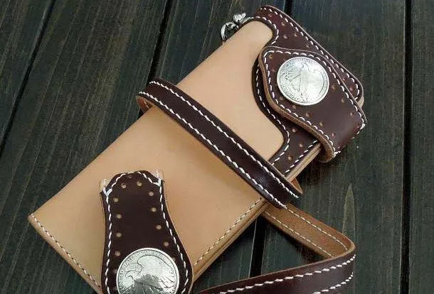 Handmade biker wallet beige coffee leather biker wallet chain bifold Long wallet for men