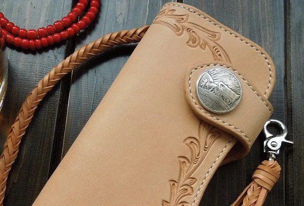 Handmade biker wallet carved bifold leather trucker wallet long floral wallet for men