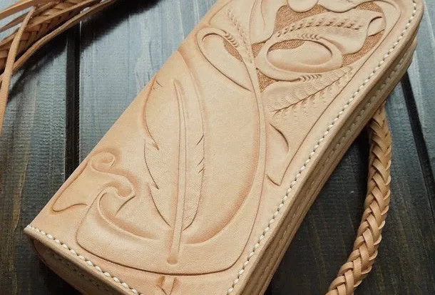 Handmade biker wallet carved trucker wallet chain leather long floral wallet for men